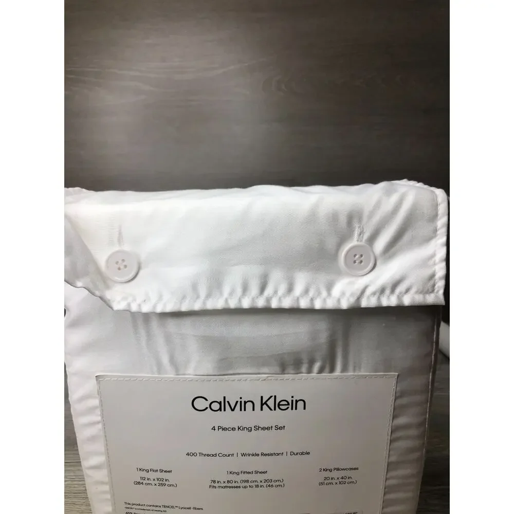 Calvin Klein 400 TC White King Sheet Set Tencel Lyocell Fibers - 4 Piece Bedroom